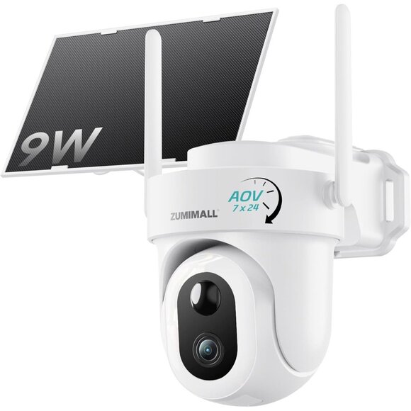 ZUMIMALL 9W Solar Security Cameras Wireless Outdoor, AOV 24/7 Recording Cameras - Picture 1 of 9